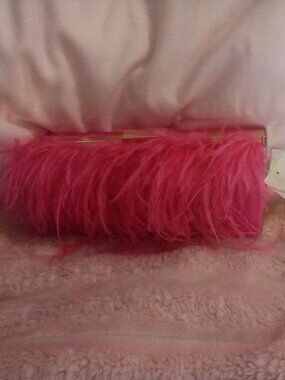 ALESSIA Pink Genuine Ostrich Feather/Satin Back Embellished Clutch NWT